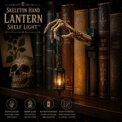 ⏳ Last Day 49% OFF – 💀Skeleton Hand Lantern – Gothic Warm Glow Bookshelf Décor