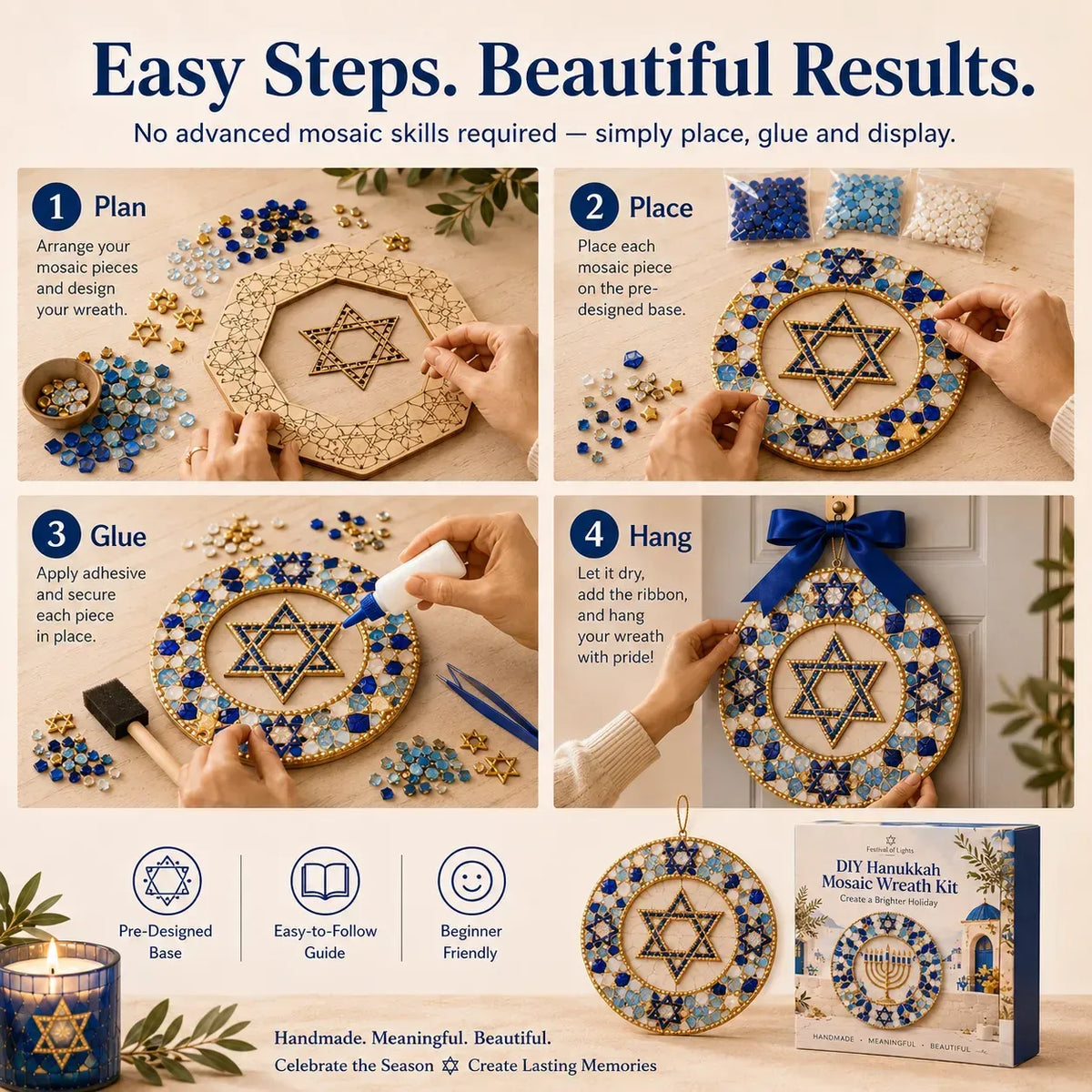 🧘Relaxing & Beginner-Friendly-🕎Hanukkah Mosaic Wreath DIY Kit(💕Step-by-Step Guide Included)