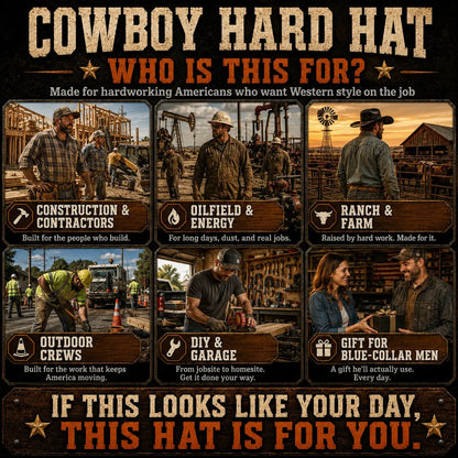 🤠Cowboy-Style Hard Hat – Wide Brim Safety Helmet with Chin Strap🛡️