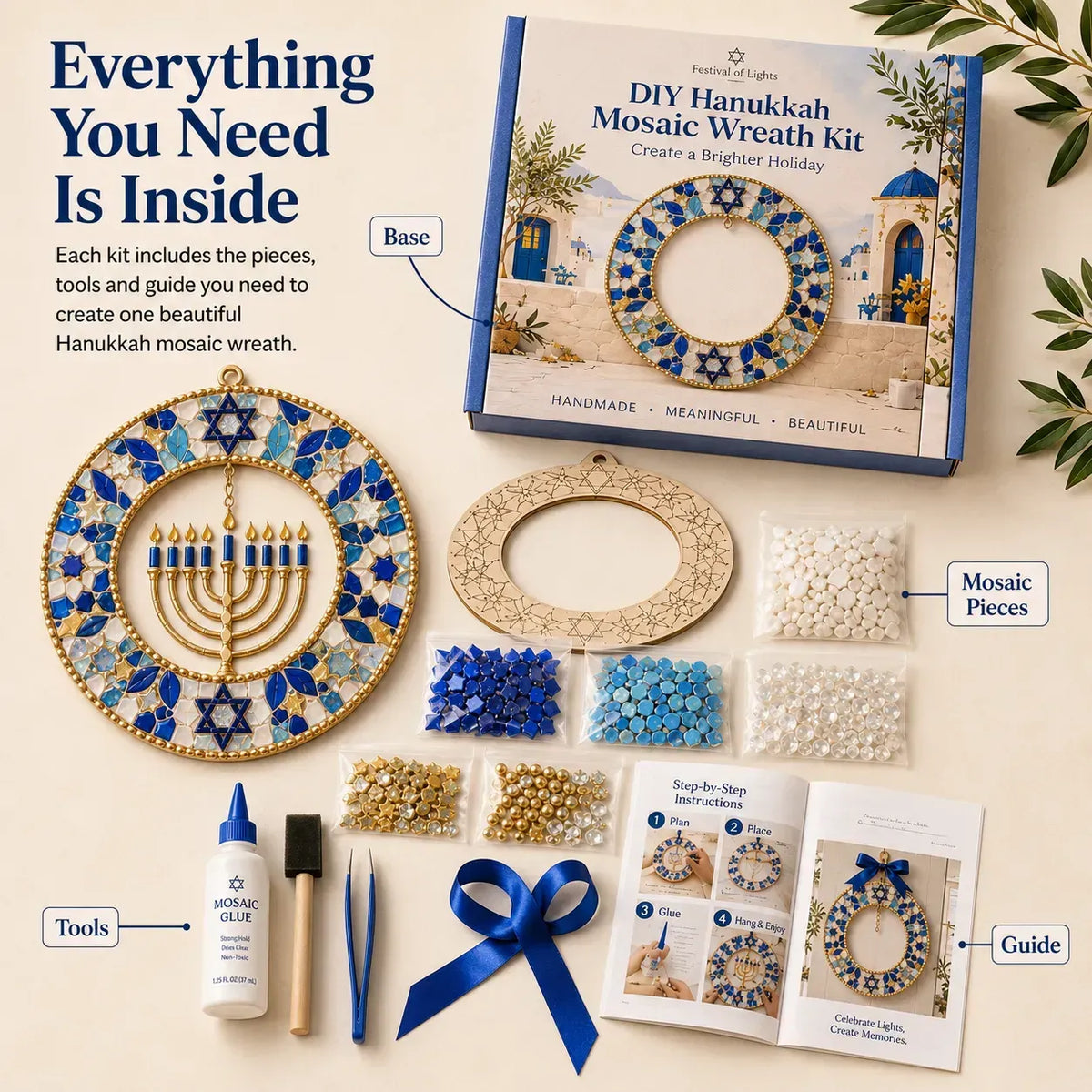 🧘Relaxing & Beginner-Friendly-🕎Hanukkah Mosaic Wreath DIY Kit(💕Step-by-Step Guide Included)