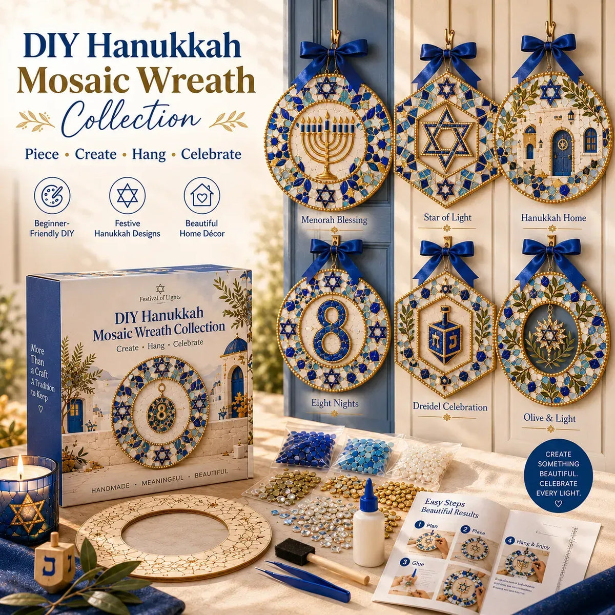 🧘Relaxing & Beginner-Friendly-🕎Hanukkah Mosaic Wreath DIY Kit(💕Step-by-Step Guide Included)