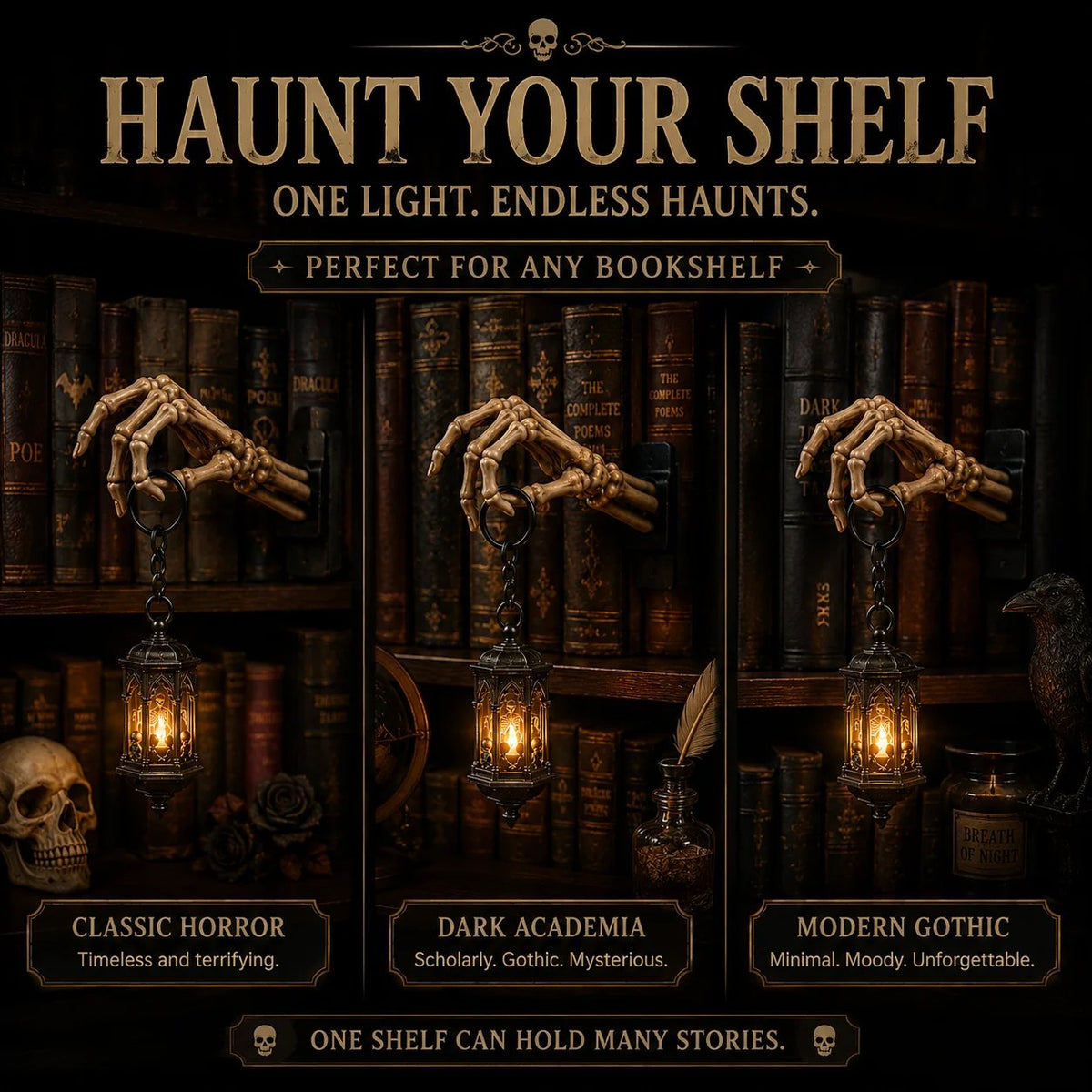 ⏳ Last Day 49% OFF – 💀Skeleton Hand Lantern – Gothic Warm Glow Bookshelf Décor