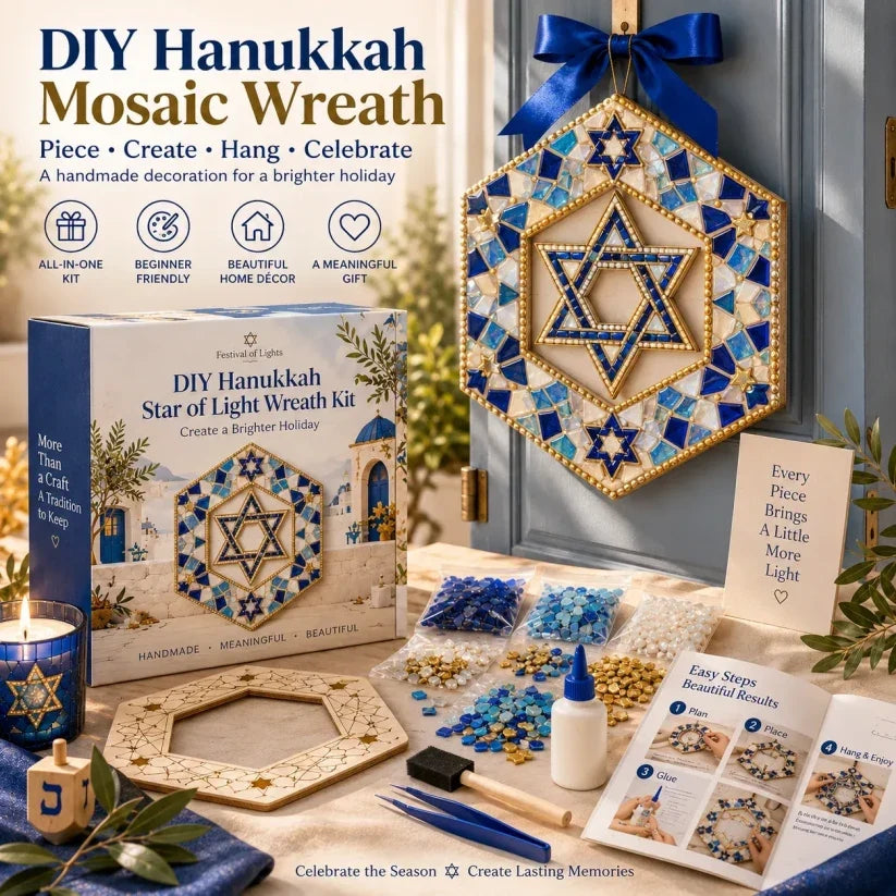 🧘Relaxing & Beginner-Friendly-🕎Hanukkah Mosaic Wreath DIY Kit(💕Step-by-Step Guide Included)